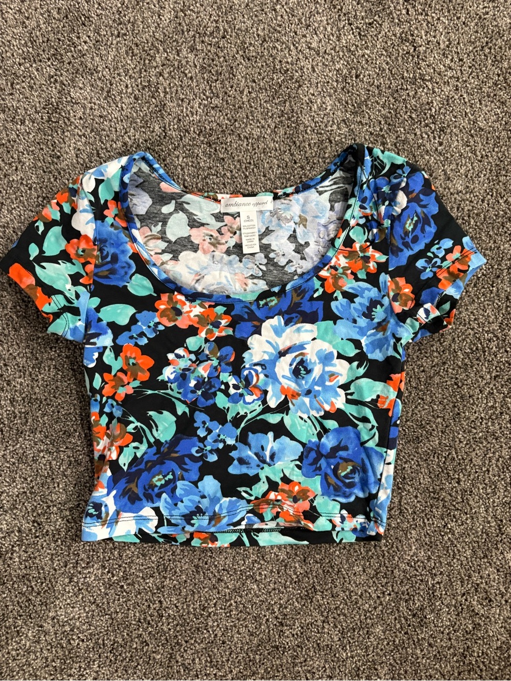 Ambiance Black Floral Scoop Neck Crop Top with Blue & Teal Blooms